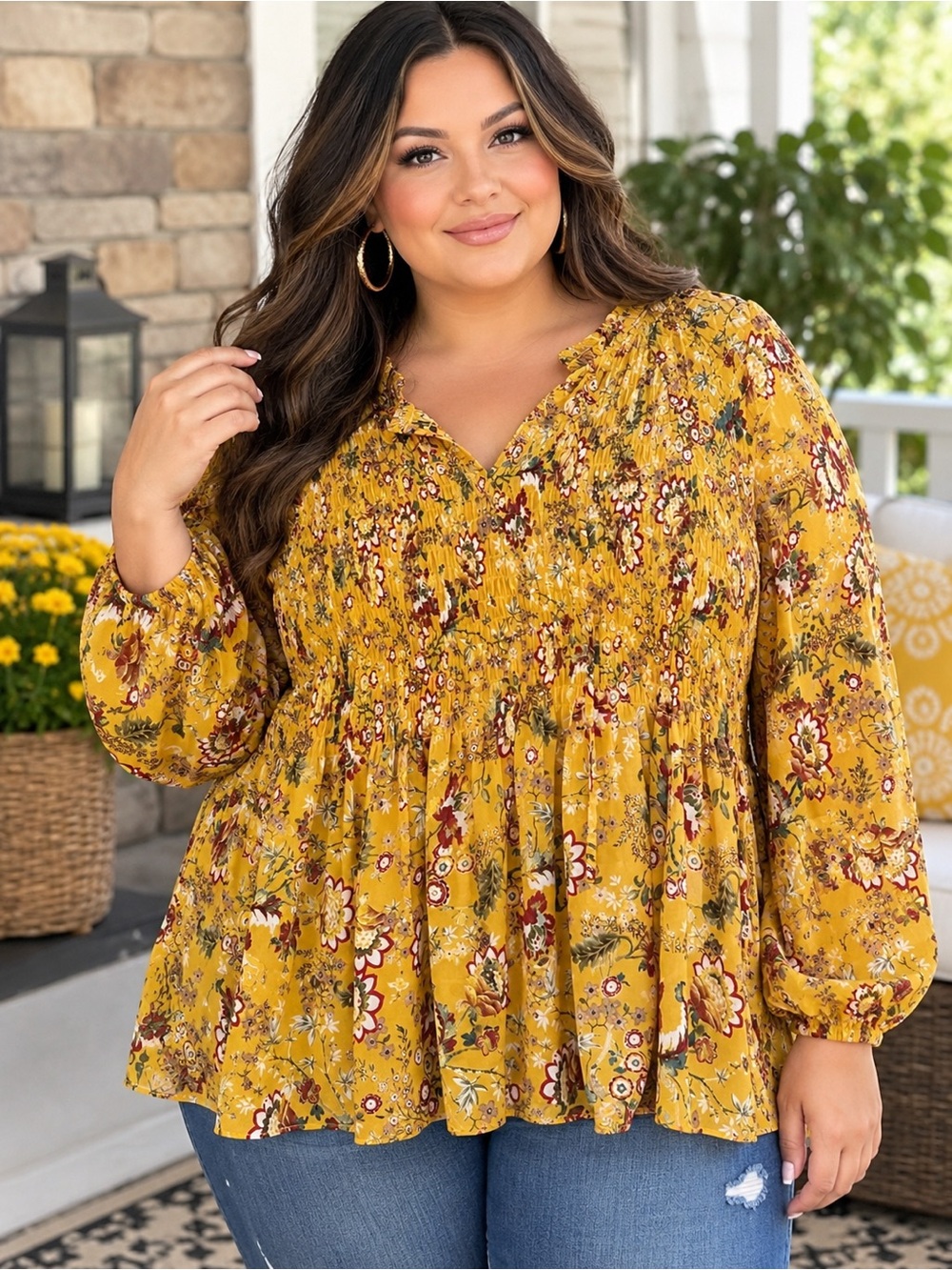 Rose & Olive Mustard Floral Smocked Peplum Blouse Size XL
